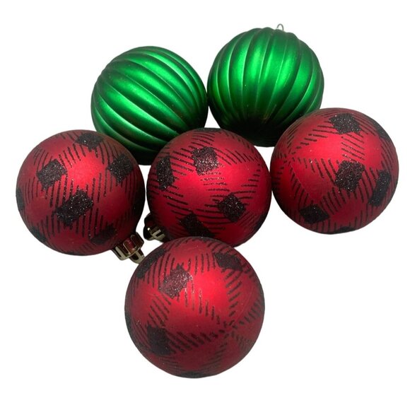 set of 6 Christmas ornament bulbs green red plaid shine graphic assorted READ - Picture 1 of 4